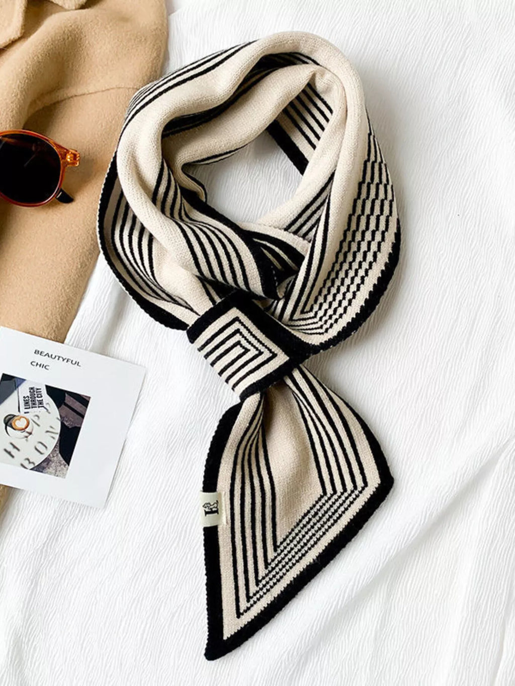 Black Striped Knitted Narrow Winter Scarf
