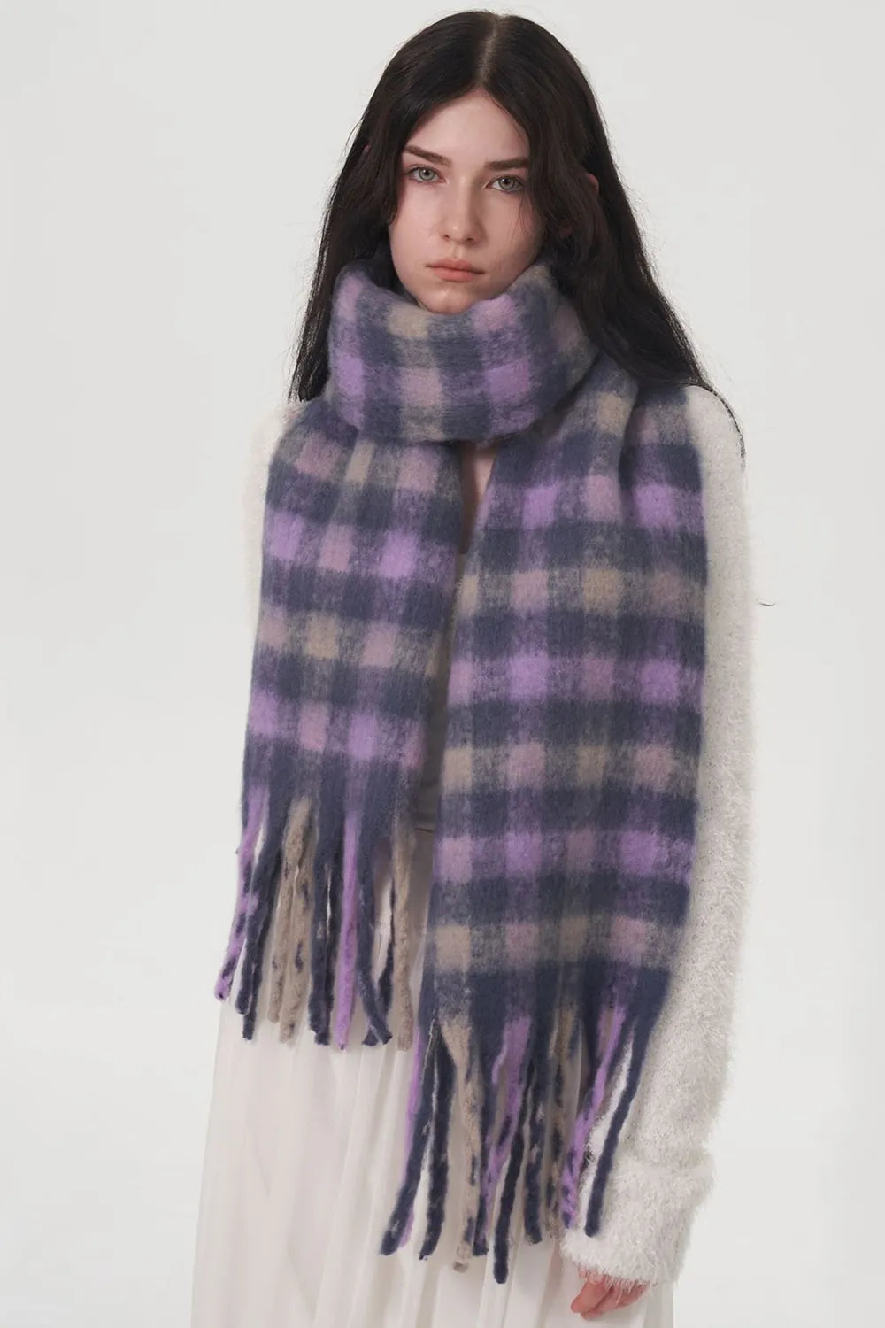 Lilac Chunky Fringe Plaid Polyester Scarf