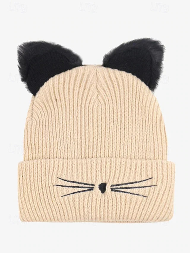 Women's Cute Cat Ear Beanie – Burgundy Knit Hat with Faux Fur Ears and Whisker Embroidery, Cozy and Stylish Winter Accessory
