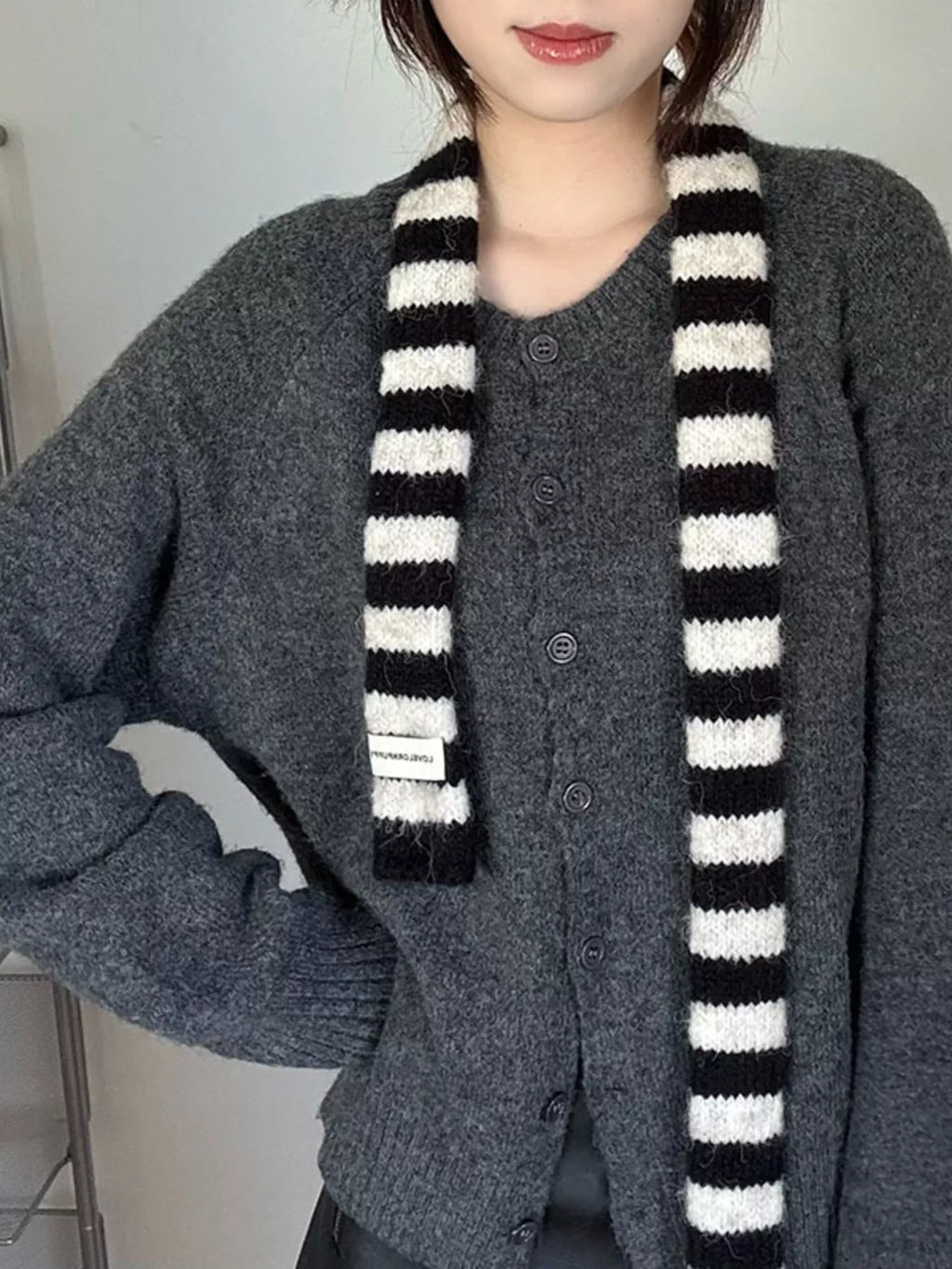 Striped Knitted Warm Scarf with Label Patch