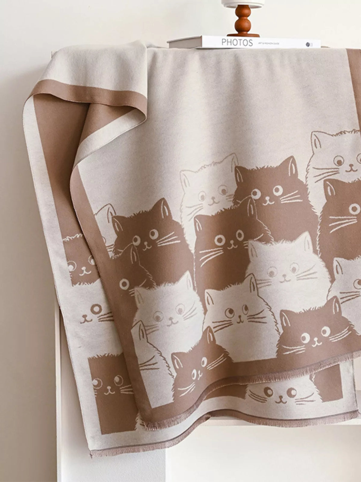 Cute Cat Pattern Knitted Wide Scarf with Contrast Border