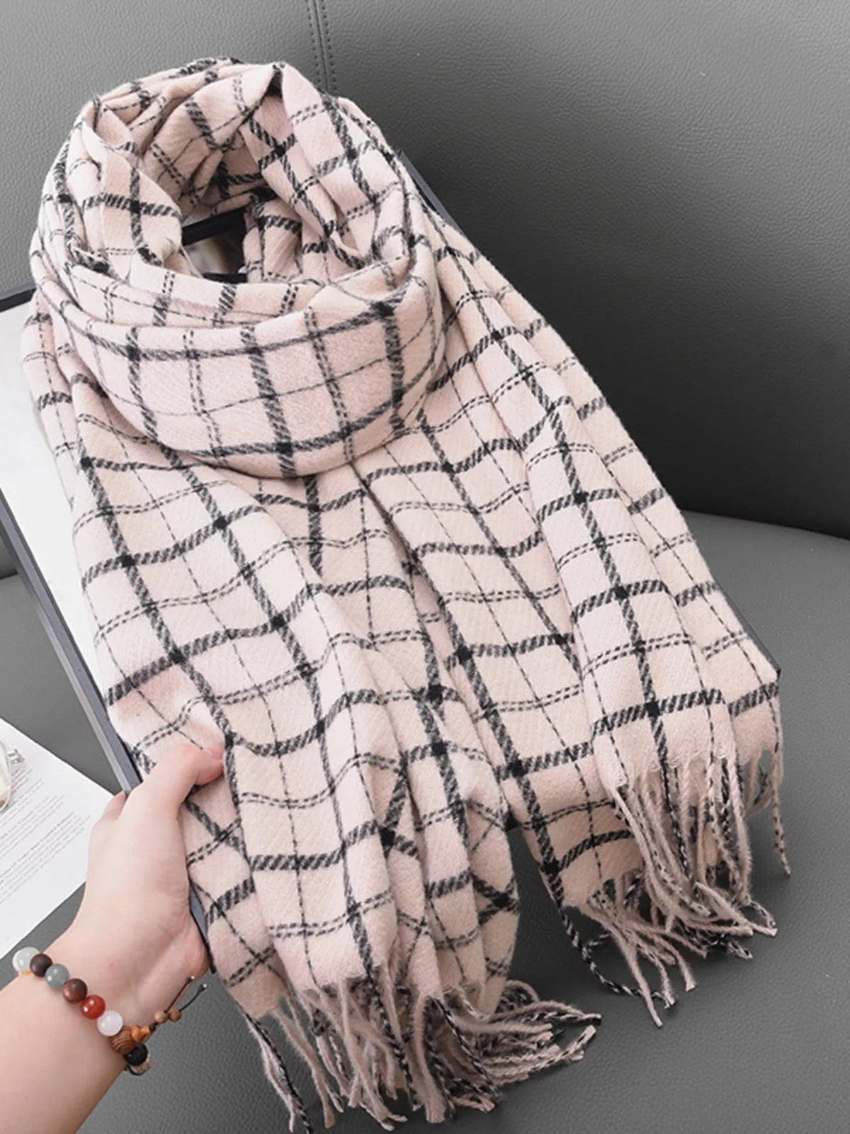 Classic Grid Check Plaid Fringe Scarf