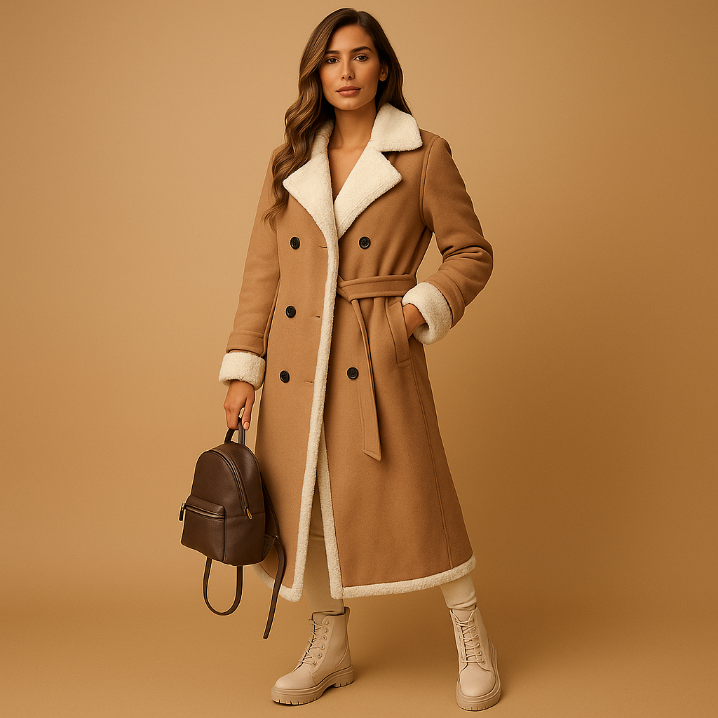 Elegant long winter coat with lapel collar for women | Isabelle