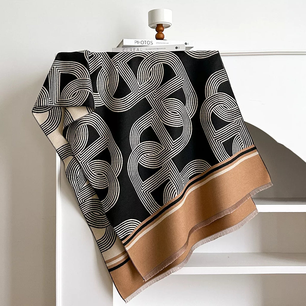 Geometric Pattern Raw Hem Cotton Scarf