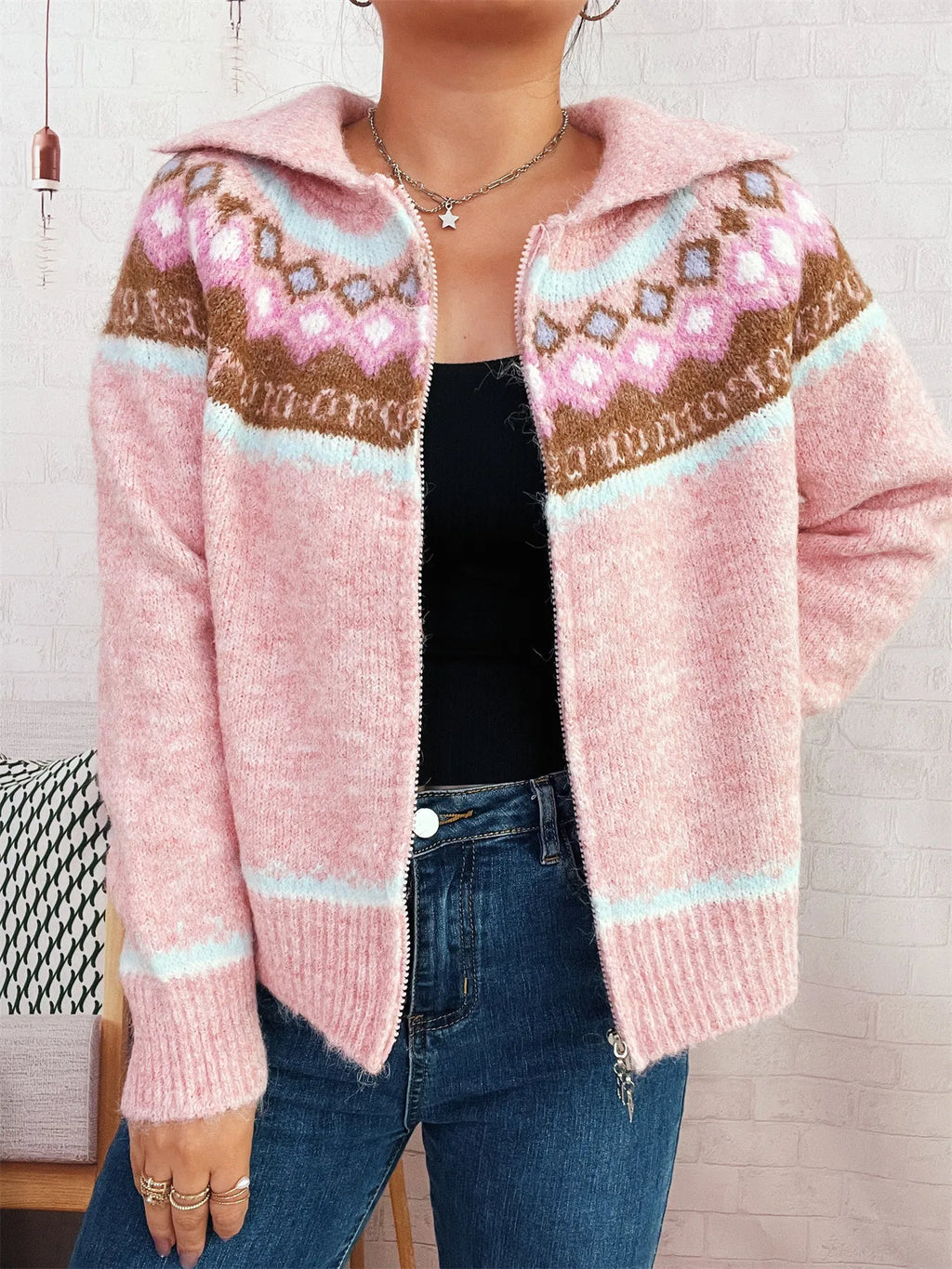 Fair Isle Zip Up Cardigan