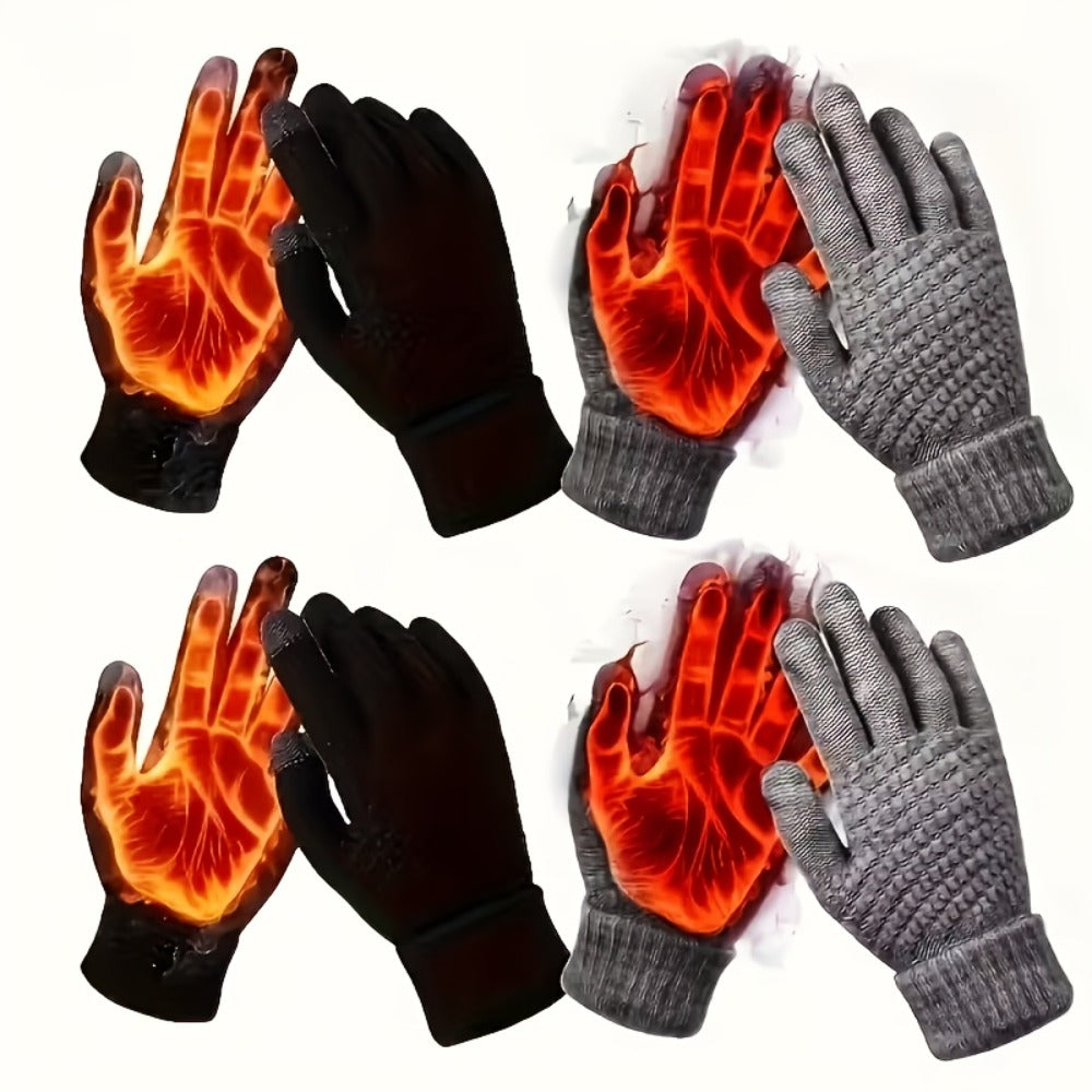 Four-Pair Black Full-Finger Knit Glove Set with Pictured Touchscreen Fingertip Detail and Full Coverage