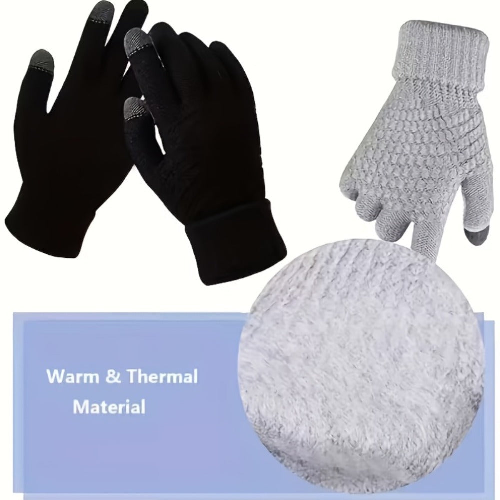 Four-Pair Black Full-Finger Knit Glove Set with Pictured Touchscreen Fingertip Detail and Full Coverage