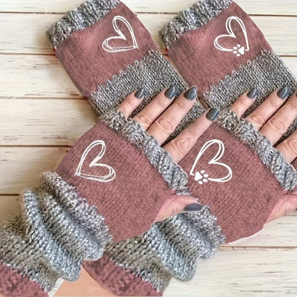 Two-Pair Navy Blue and Purple Fingerless Knit Hand Warmer Set with Heart, Paw and Ribbed-Cuff Details