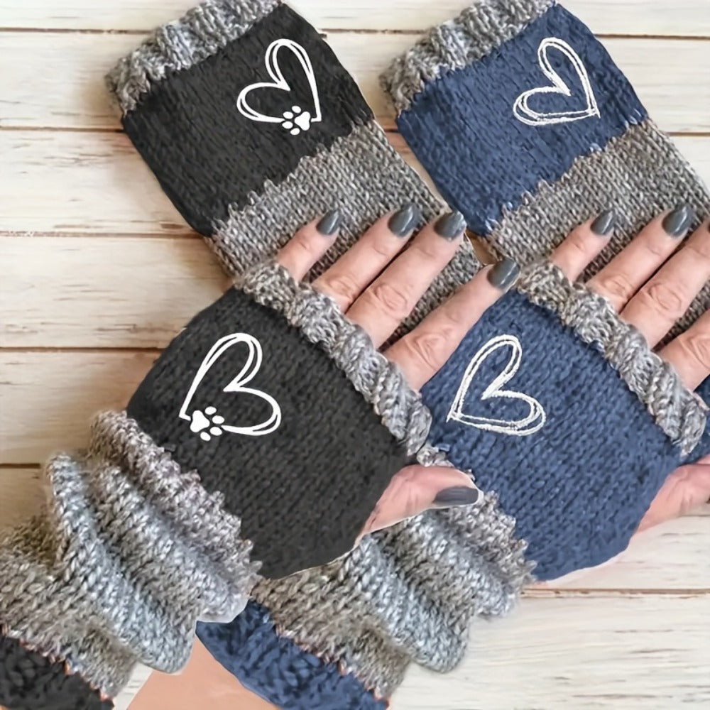 Two-Pair Navy Blue and Purple Fingerless Knit Hand Warmer Set with Heart, Paw and Ribbed-Cuff Details