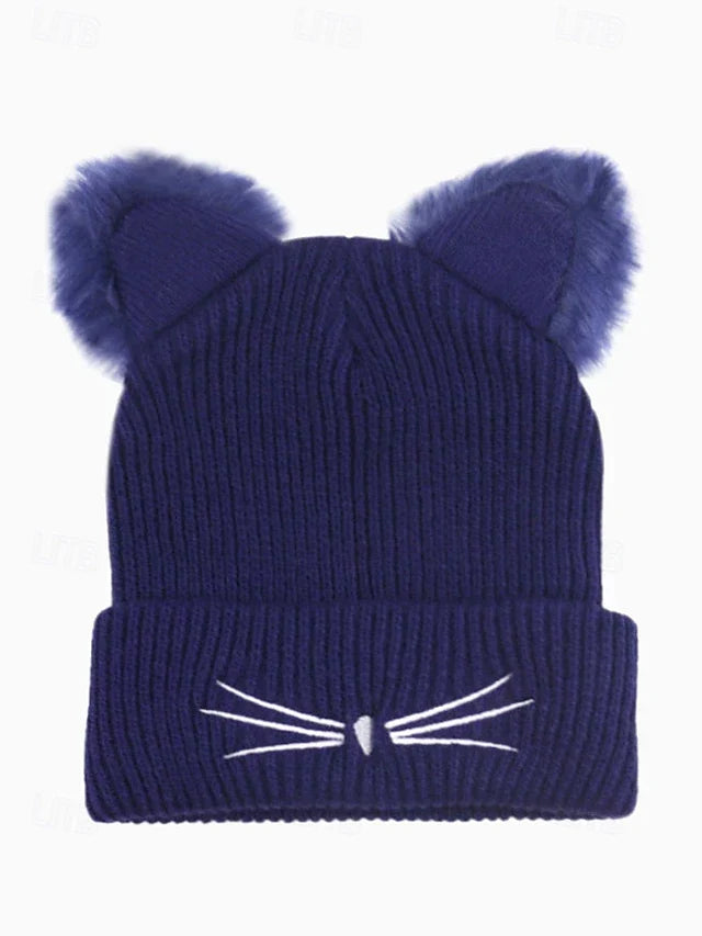 Women's Cute Cat Ear Beanie – Burgundy Knit Hat with Faux Fur Ears and Whisker Embroidery, Cozy and Stylish Winter Accessory