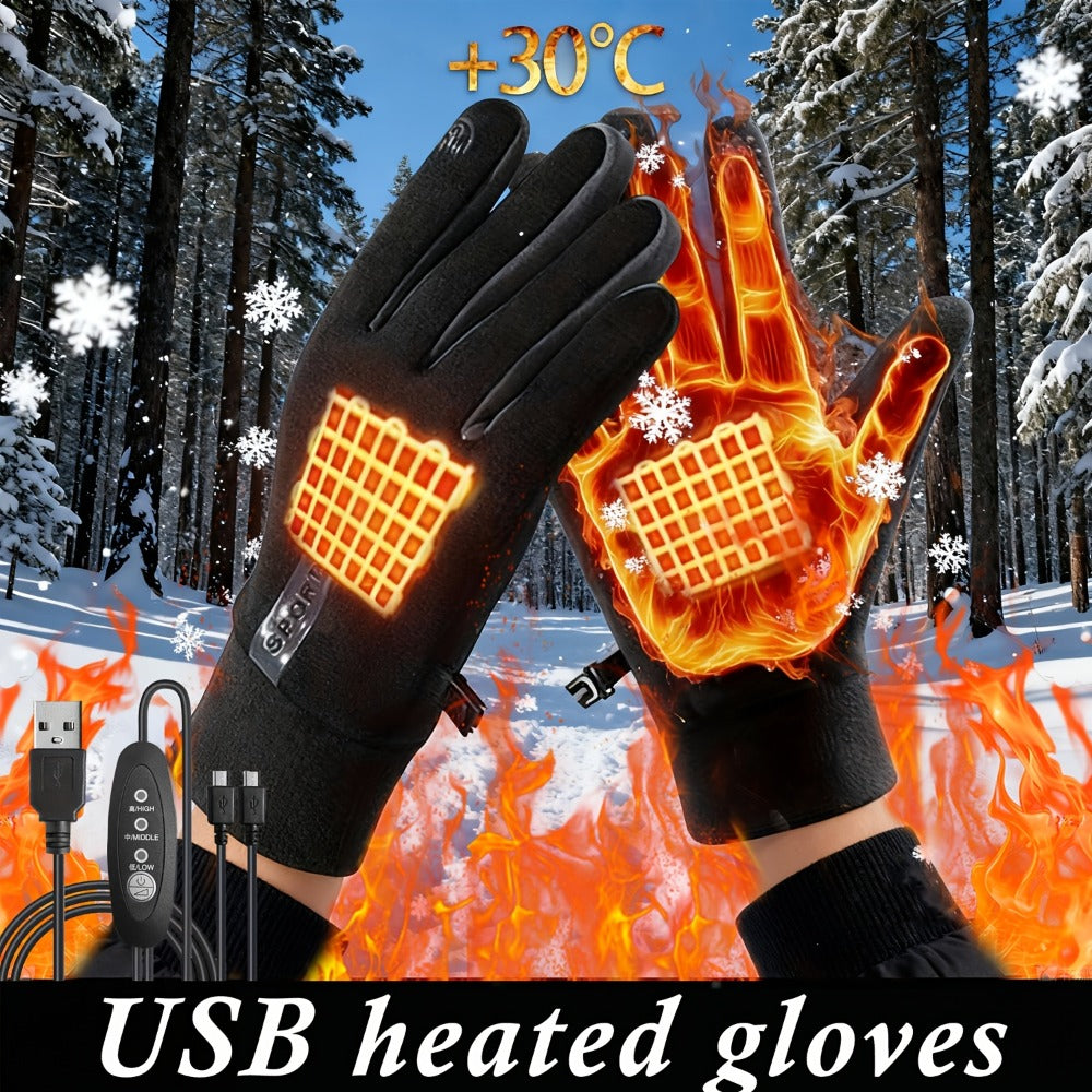 USB Heated Full-Finger Gloves with Three-Level Inline Controller, Wrist Heating Panels and Touchscreen Fingertips