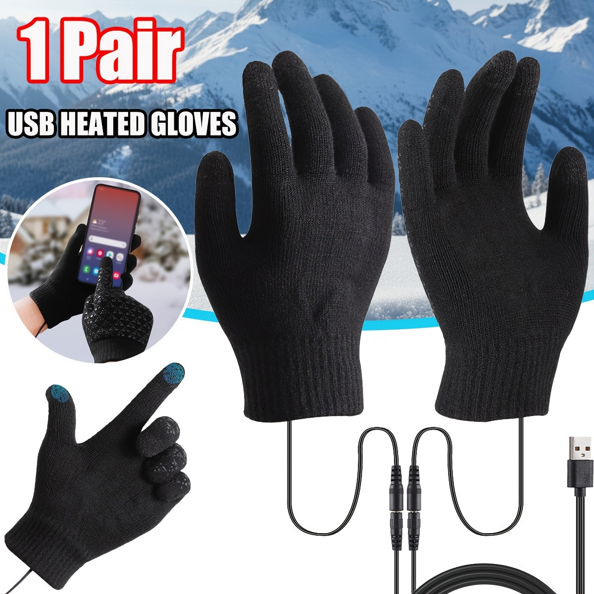 USB-Powered Full-Finger Heated Gloves with Touchscreen Fingertips, Anti-Slip Palms and Black or Gray Pair Options