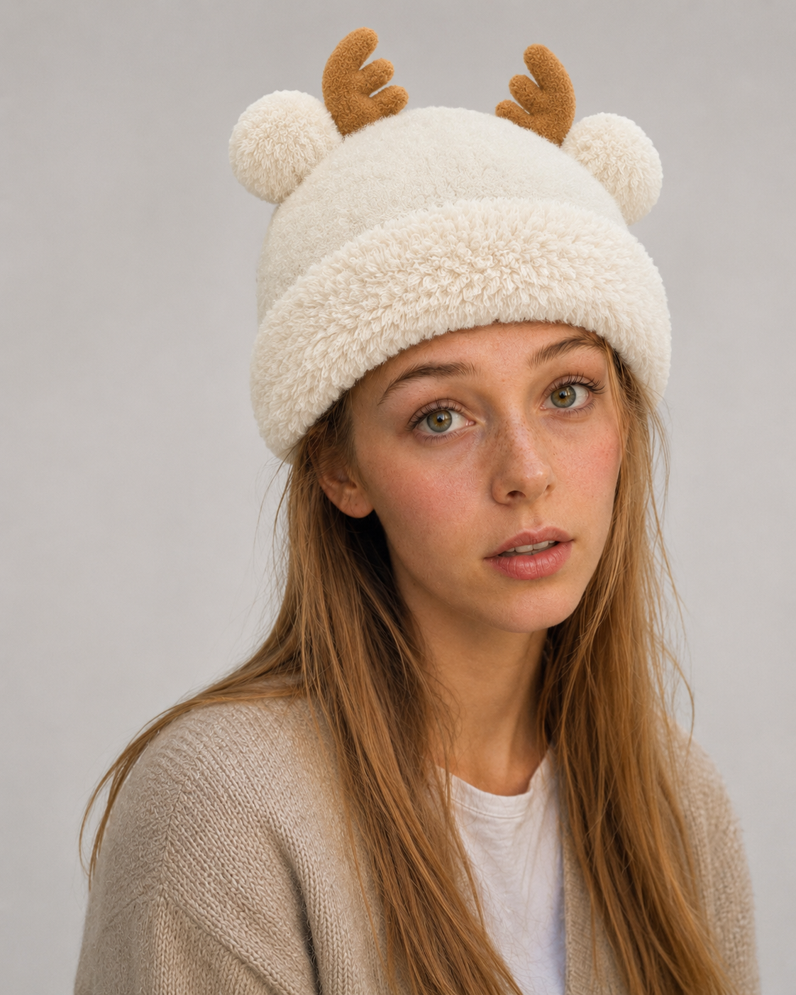 Reindeer Antler Plush Knit Beanie for Women