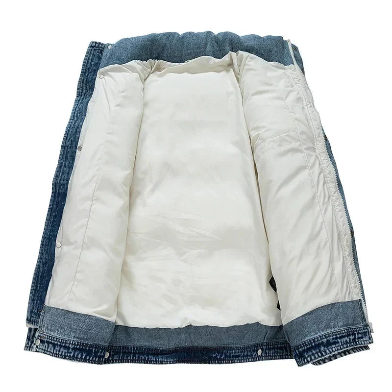 Big Quilted Puffer Coat with Denim Details