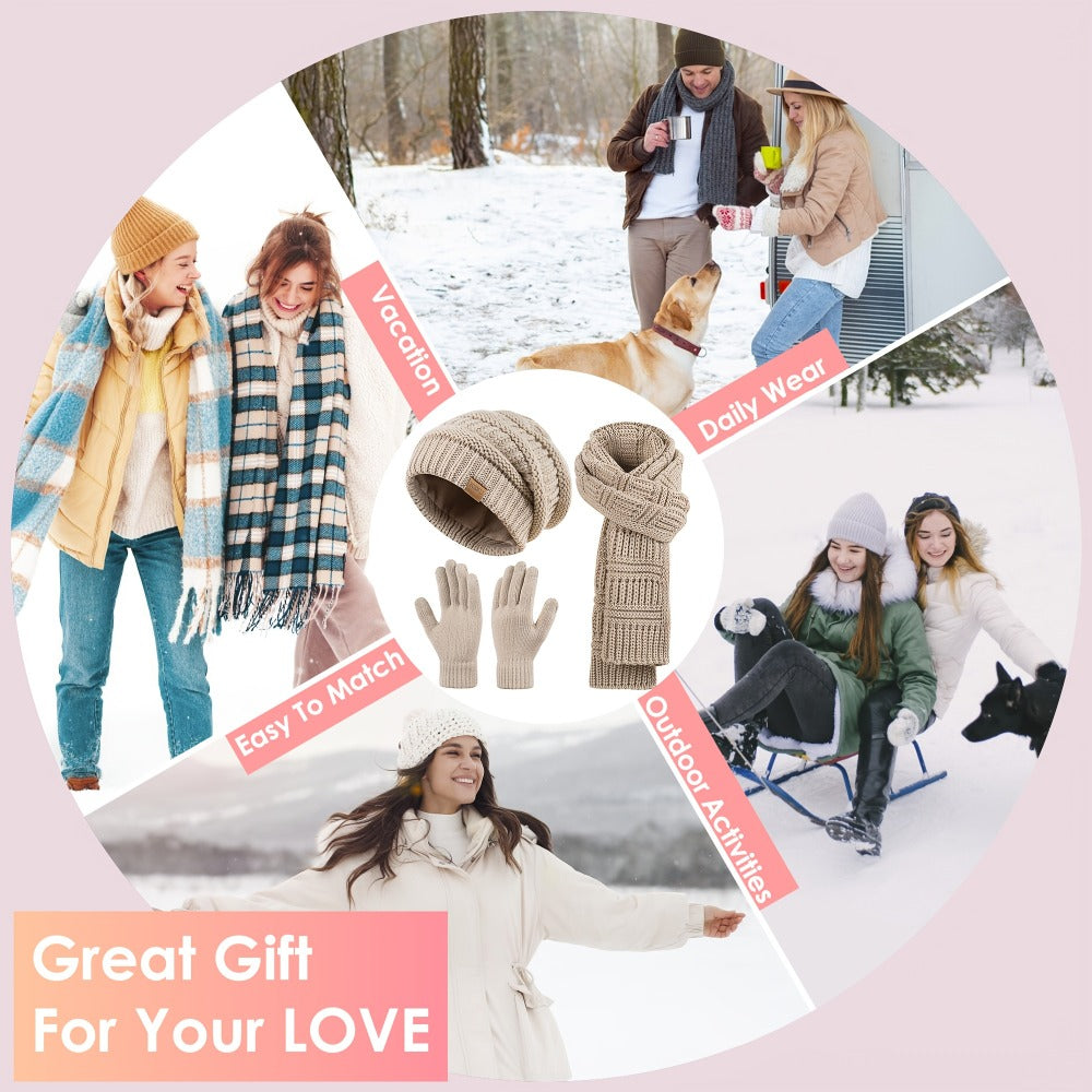 Scarf for Women – Winter Set 3-in-1 Women Hat Long Scarf Touchscreen Gloves Soft Warm Cold Weather Accessories