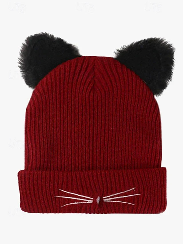 Women's Cute Cat Ear Beanie – Burgundy Knit Hat with Faux Fur Ears and Whisker Embroidery, Cozy and Stylish Winter Accessory