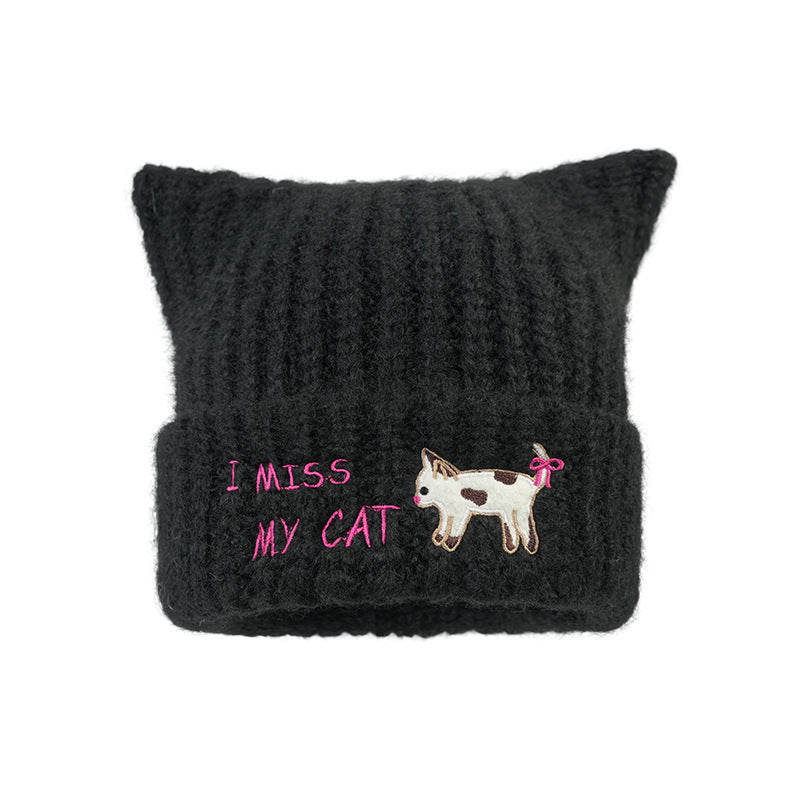 Women's Embroidered Cat Knitted Beanie, Autumn Winter Ear-Warming Cute Woolen Cap