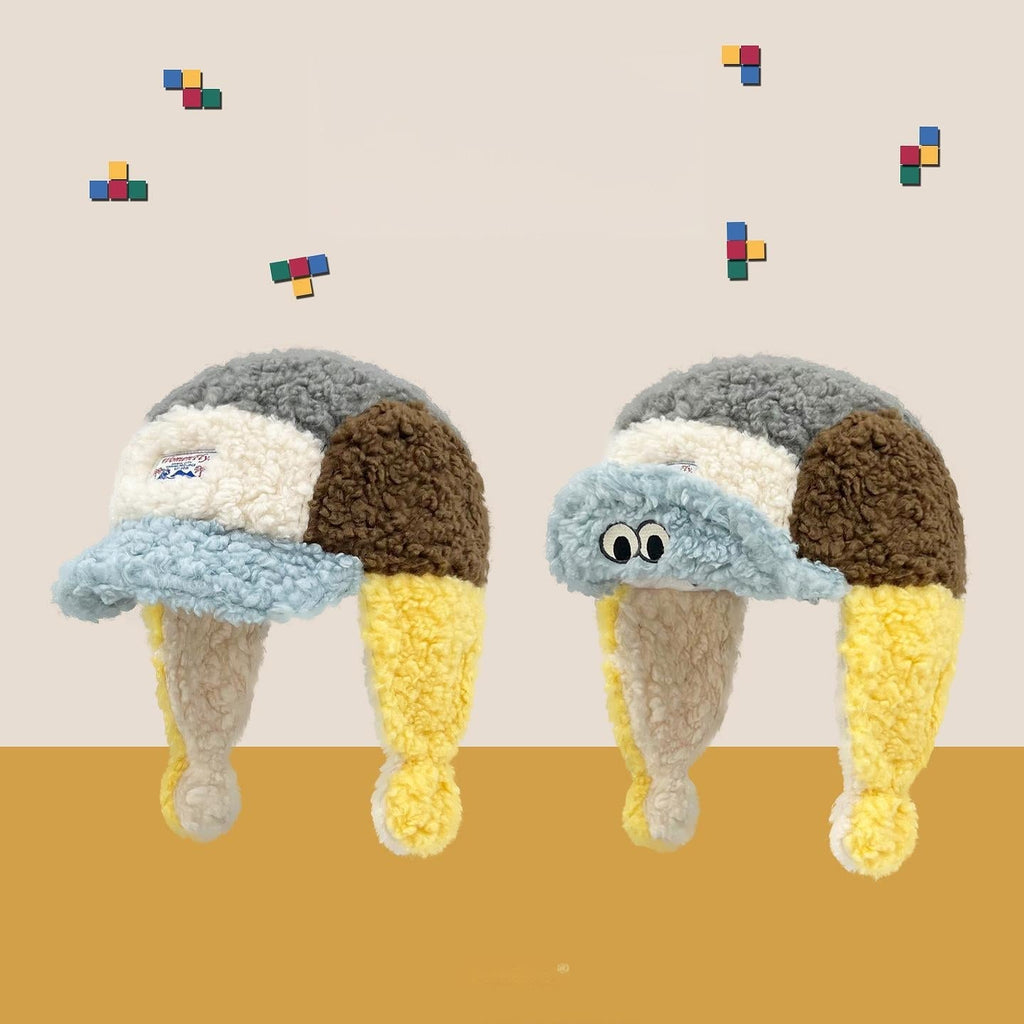 Women's Cute Puff Frog Sherpa Ear-flap Hat, Korean Dopamine Color-Block Design, Winter Warm Versatile Headwear