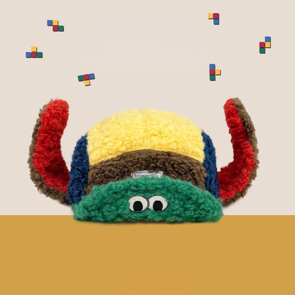 Women's Cute Puff Frog Sherpa Ear-flap Hat, Korean Dopamine Color-Block Design, Winter Warm Versatile Headwear